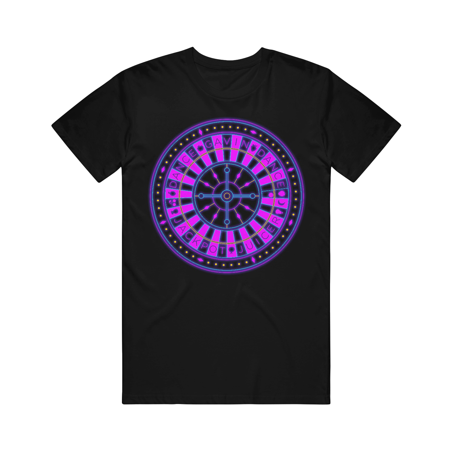 Black crew neck t-shirt with a printed roulette wheel design in purple.