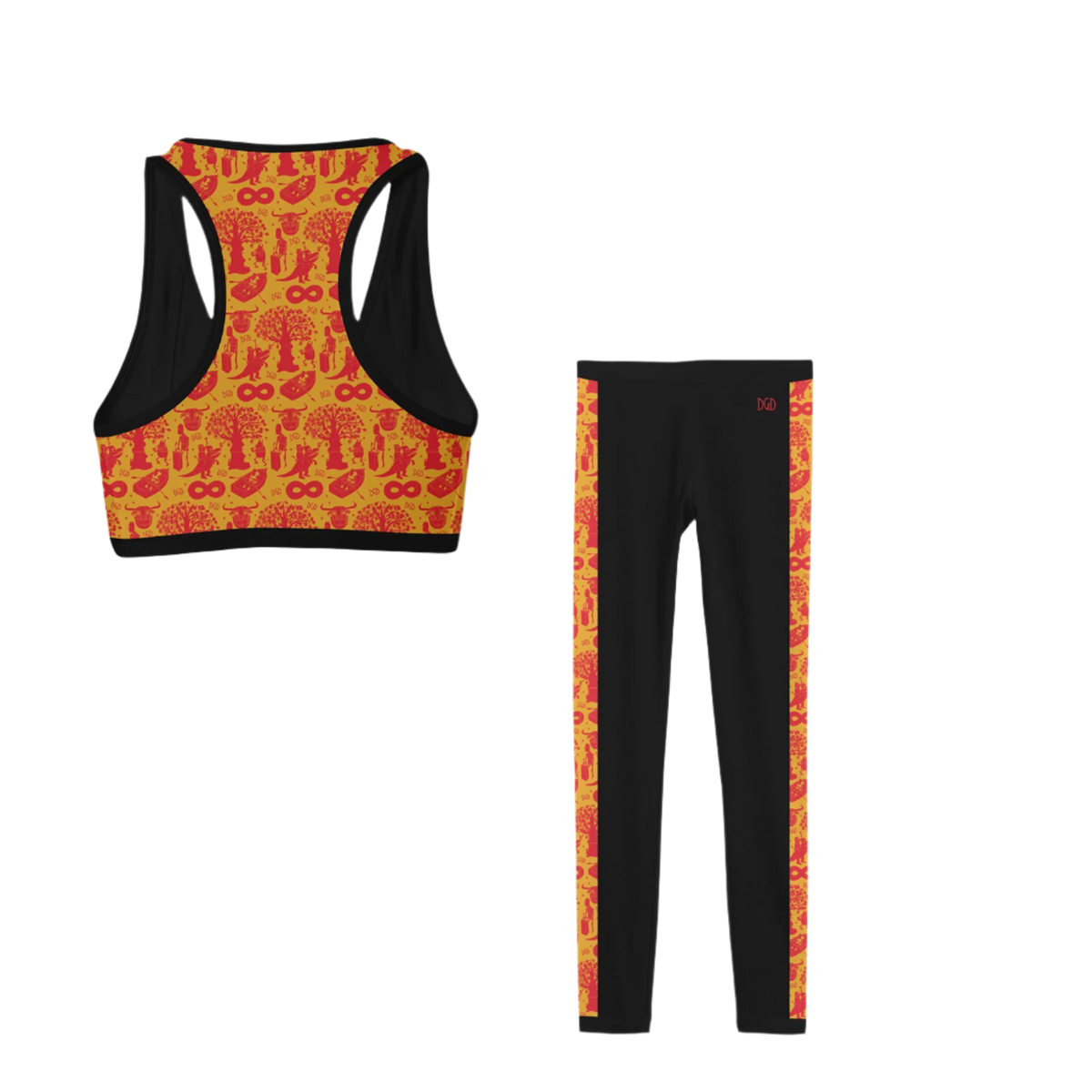 A set of workout clothing consisting of a sports bra and leggings. The sports bra is multicolored with a character pattern, and the leggings are primarily black with a red and orange pattern along the side seams.
