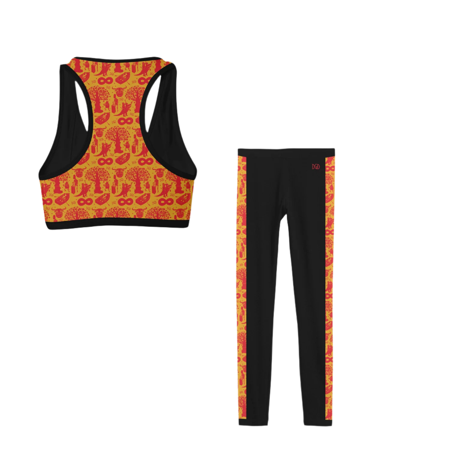 A set of workout clothing consisting of a sports bra and leggings. The sports bra is multicolored with a character pattern, and the leggings are primarily black with a red and orange pattern along the side seams.