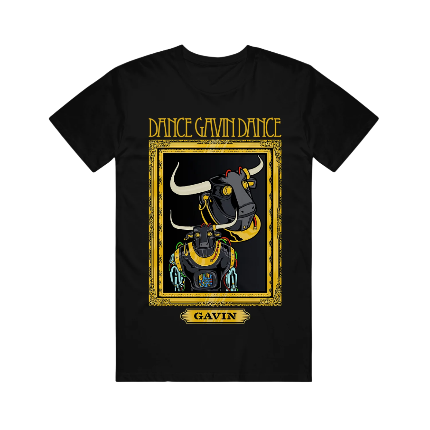 Black t-shirt with a graphic print of a bull and the text 'DANCE GAVIN DANCE' on the front.