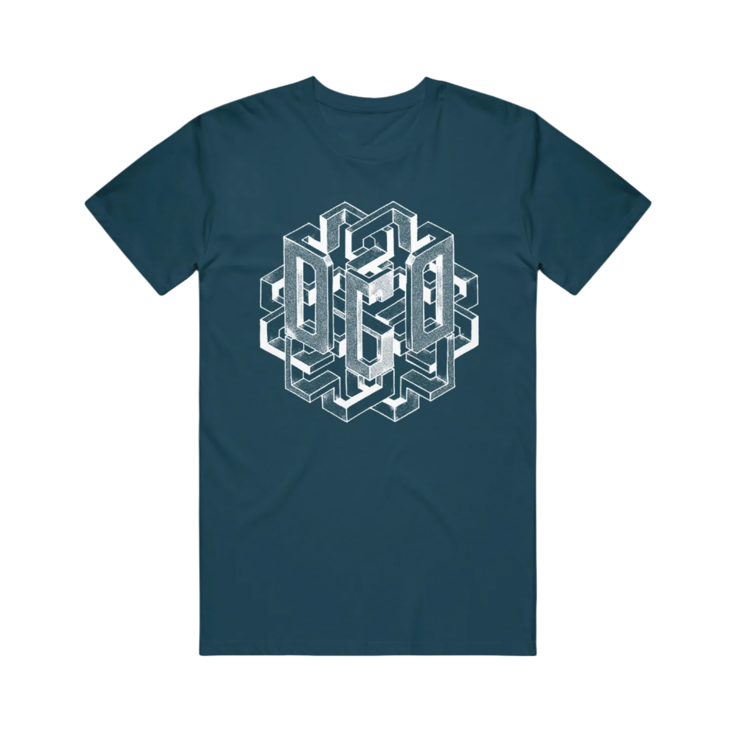 A deep teal T-shirt with a geometric pattern design in the center.