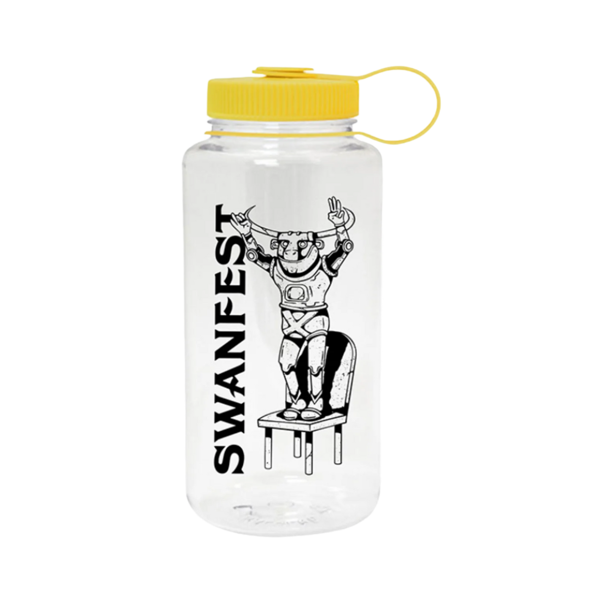 A clear Nalgene water bottle with a yellow cap, featuring a black printed illustration of a character on the front and the text 'SWANFEST'.