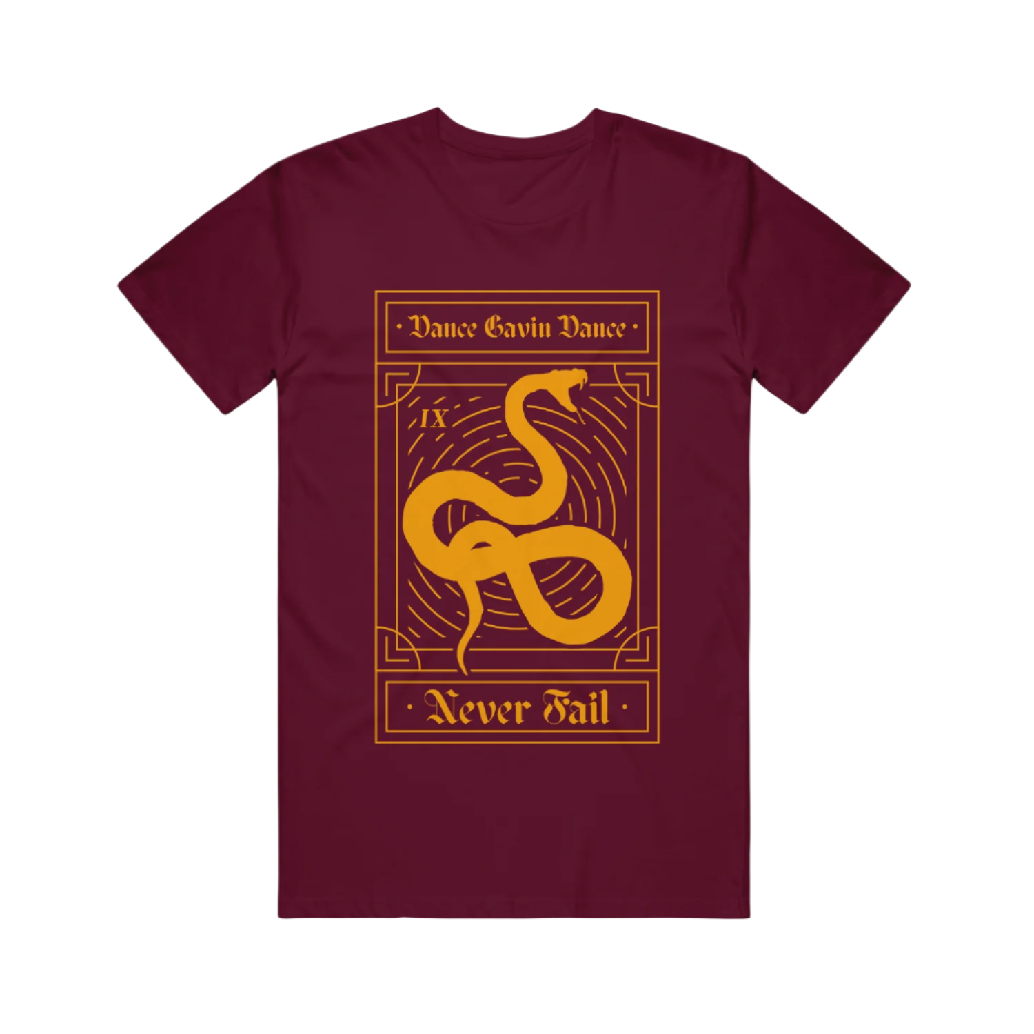 Maroon T-shirt with a graphic print of a snake and the text 'Dance Gavin Dance - Never Fall'.