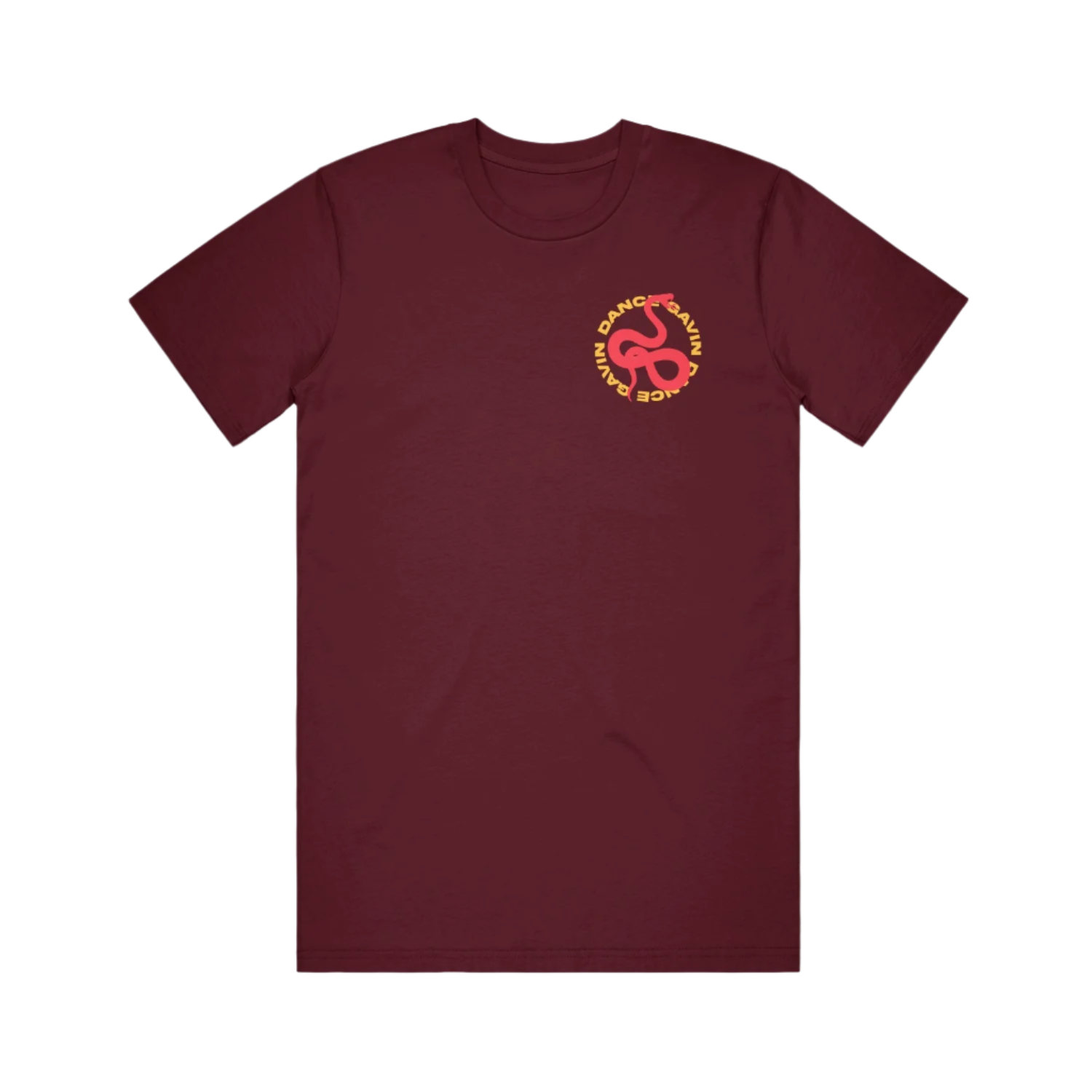 Maroon t-shirt with a Dance Gavin Dance red and yellow logo