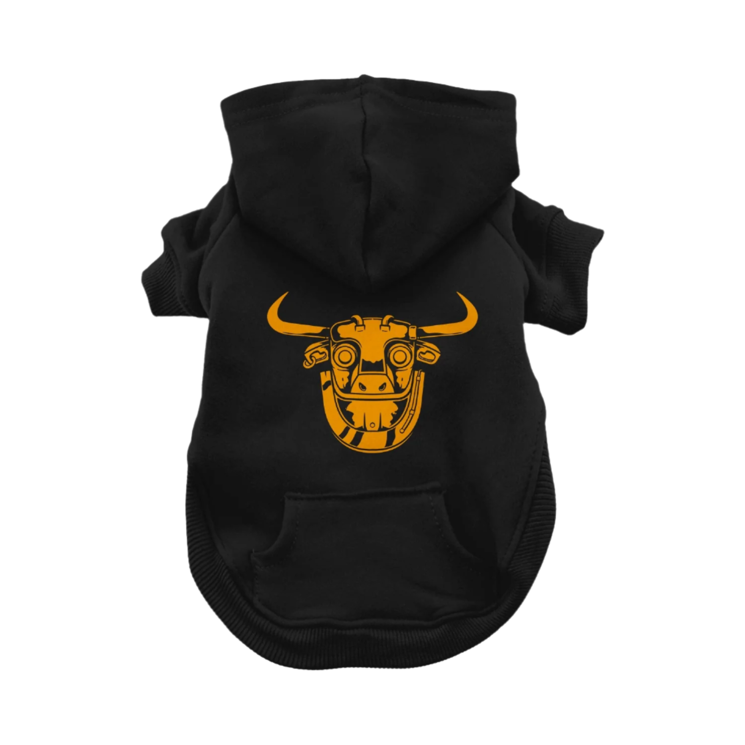 Black pet hoodie with yellow bull graphic.