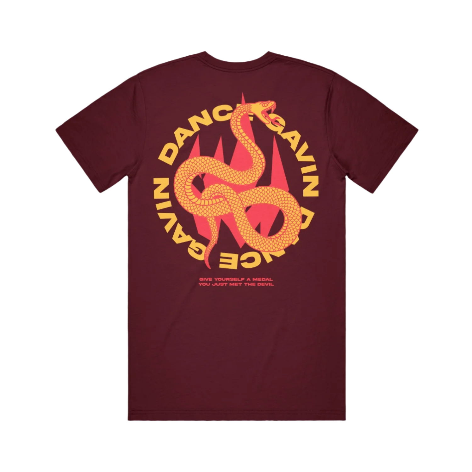 Maroon t-shirt with a snake graphic and Dance Gavin Dance text.