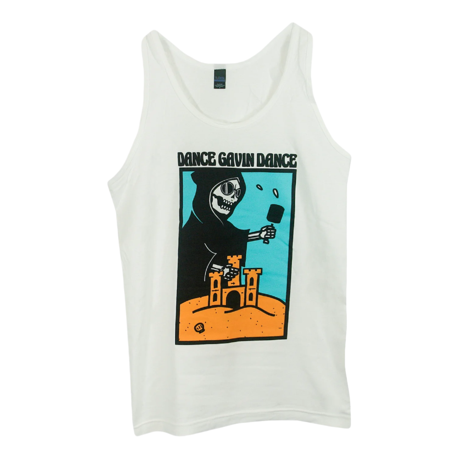 White tank top with graphic print of a character and text 'DANCE GAVIN DANCE' on the front.