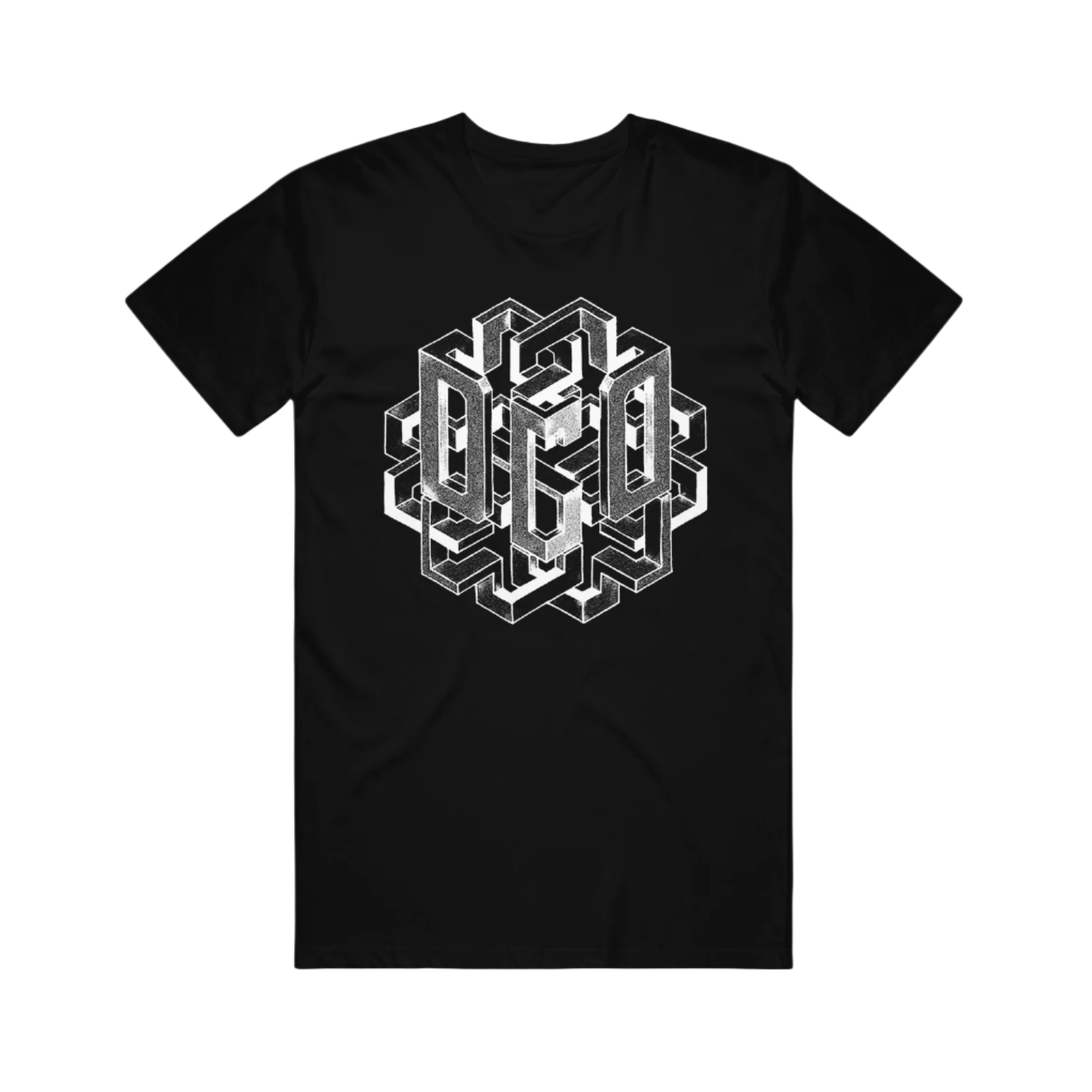 A black T-shirt with a geometric pattern design in the center.