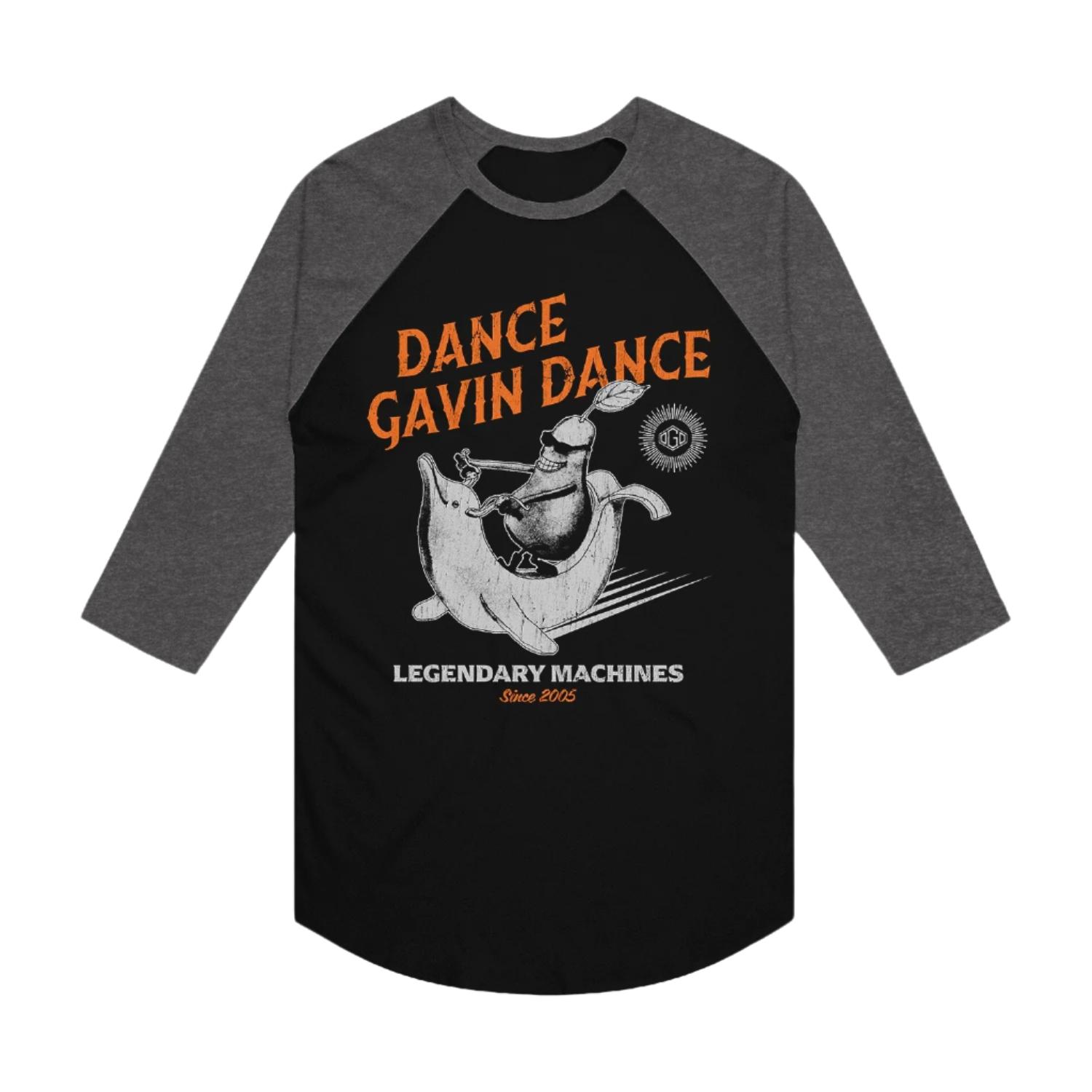 A black and gray baseball tee with 'DANCE GAVIN DANCE Legendary Machines' text and an illustration of a pear character riding a banana shaped motorcycle