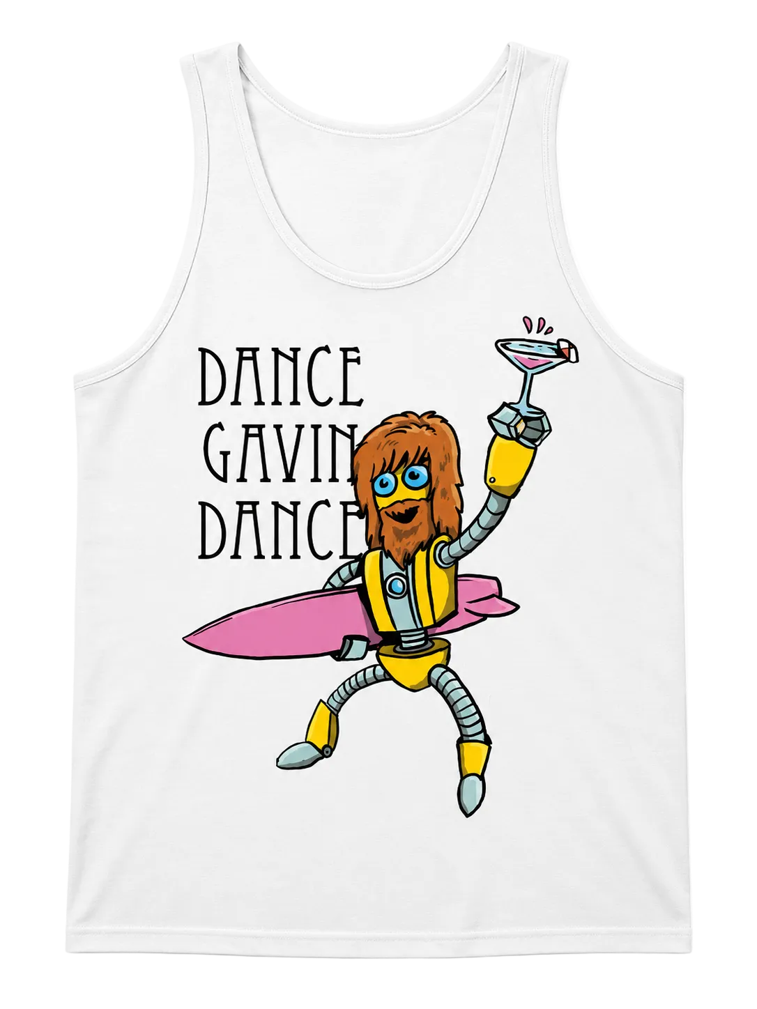 White tank top with cartoon character and 'Dance Gavin Dance' text on a white background