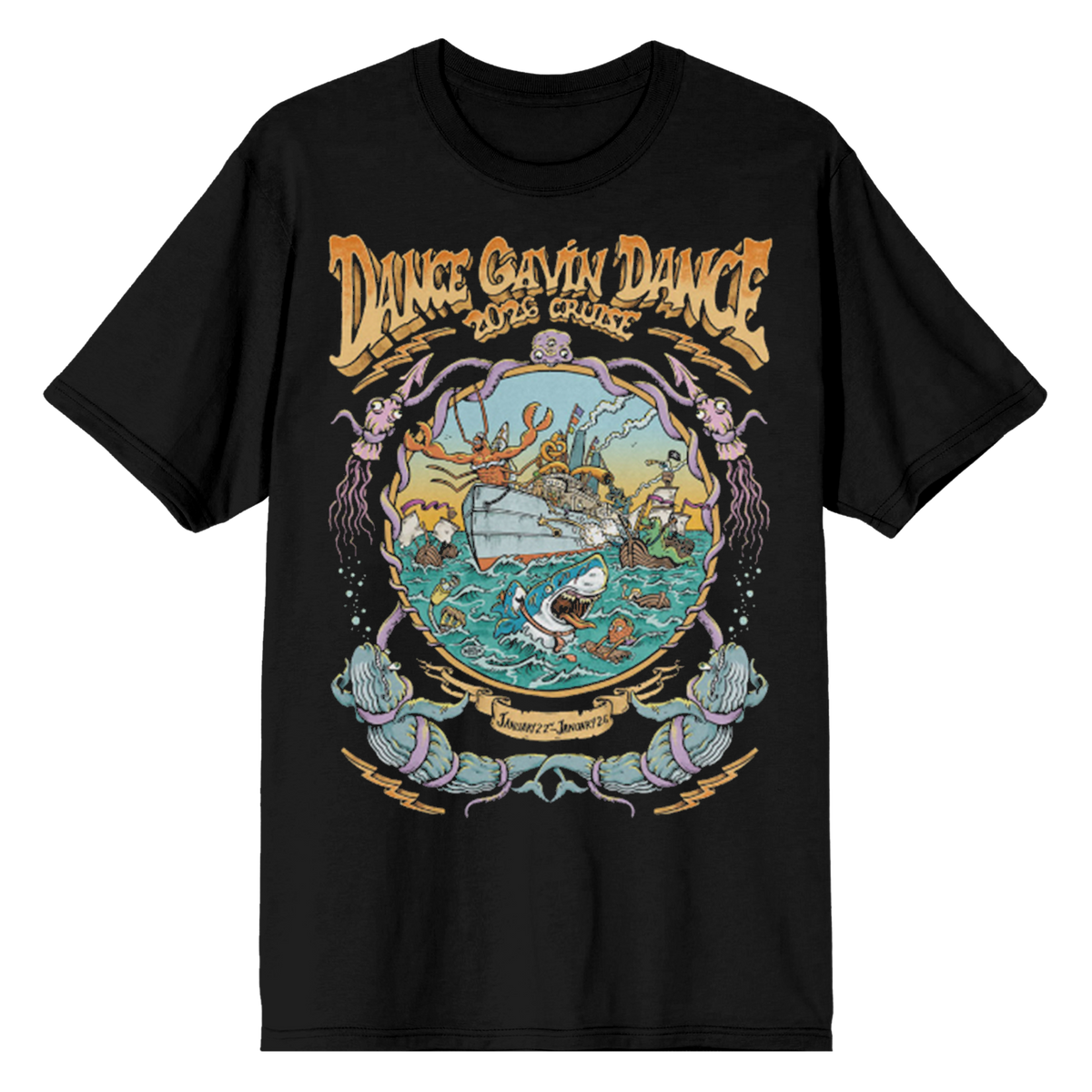 Black t-shirt with colorful graphic design and Dance Gavin Dance 2026 Cruise text on a white background