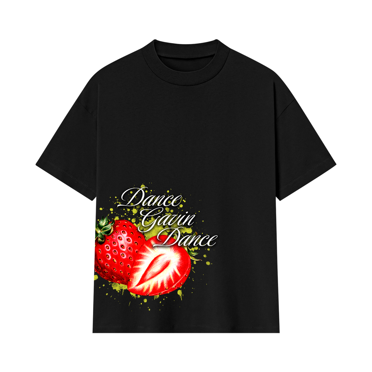 Black t-shirt with a strawberry graphic and 'Dance Gavin Dance' text on a white background