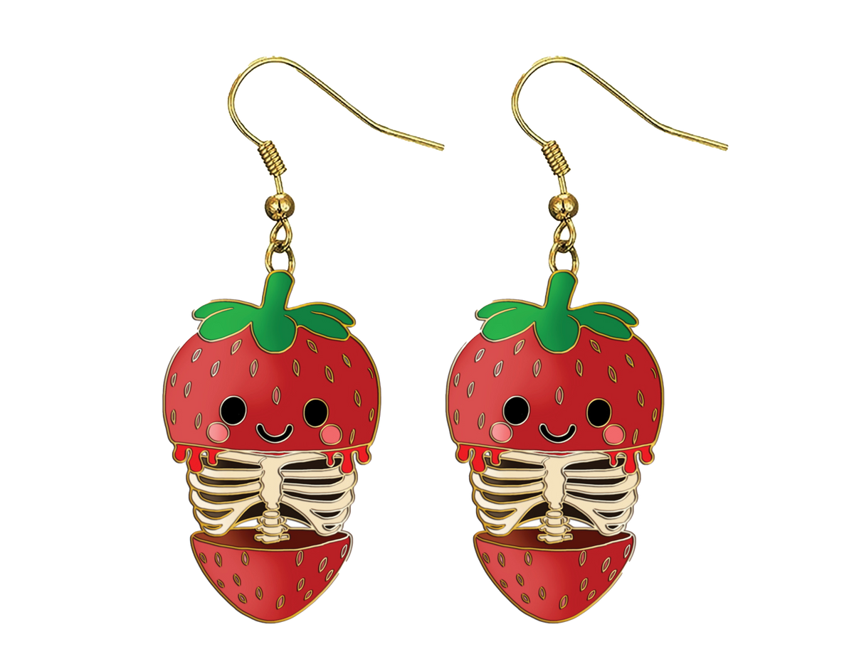 Strawberry skeleton earrings on a white background