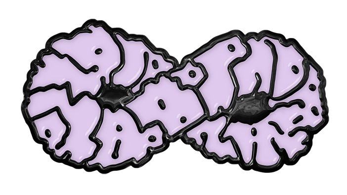 Purple pin with black outlines on a white background