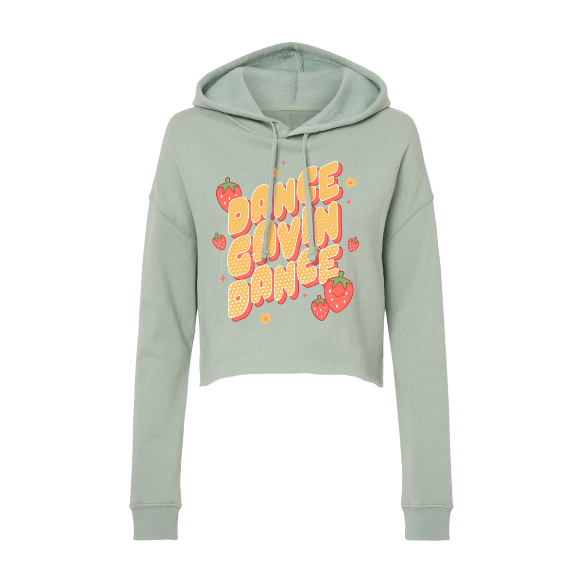 image of a cropped sage ladies pullover hoodie on a white background. hoodie has center print that says dance gavin dance with strawberries around it