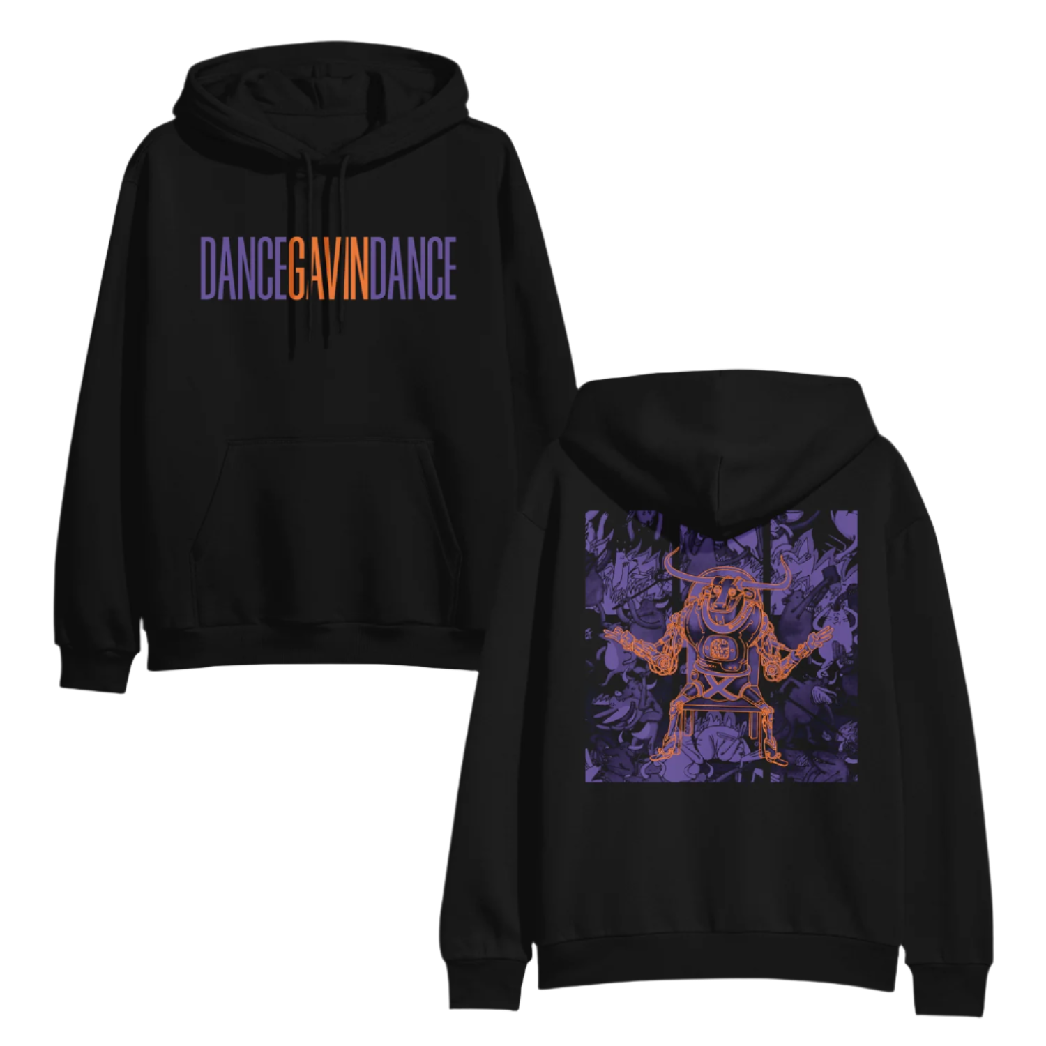 Black pullover hoodie with 'DANCE GAVIN DANCE' text and a graphic print in the front.