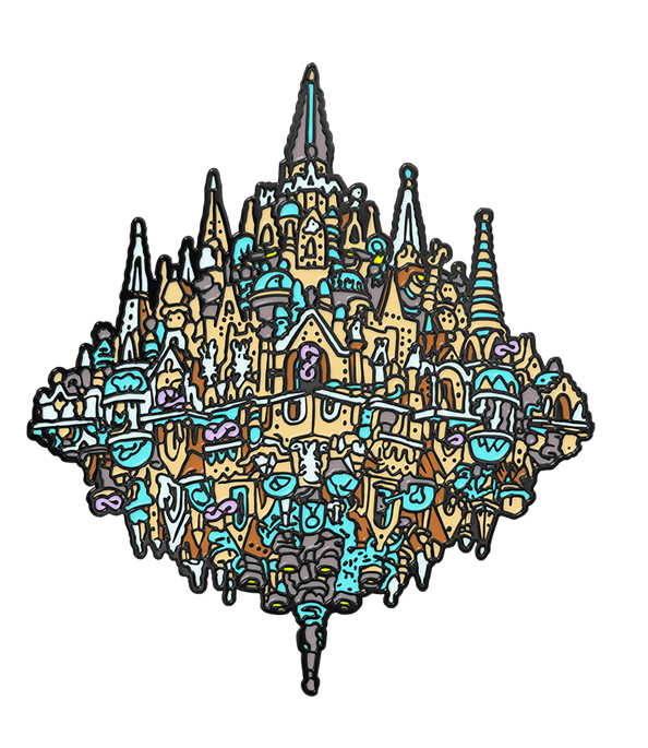 Colorful, stylized illustration of a castle-like structure on a white background