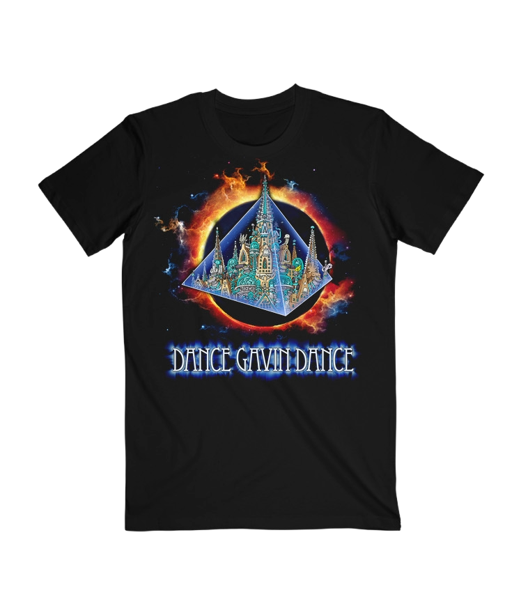 Black t-shirt with colorful graphic design and 'Dance Gavin Dance' text on a white background