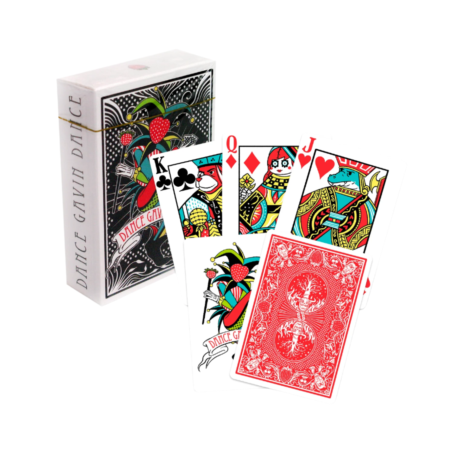 Playing cards with colorful designs and a box labeled 'Dance Gavin Dance'