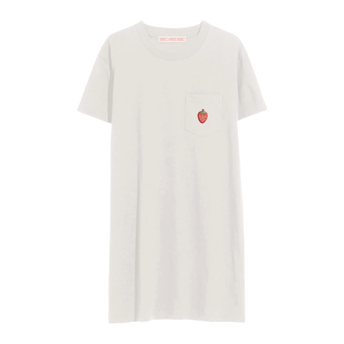 A white short-sleeved t-shirt dress with a front pocket featuring a red strawberry design.