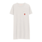image of an ivory tee shirt dress. small emboridery of a strawberry on the right chest pocket