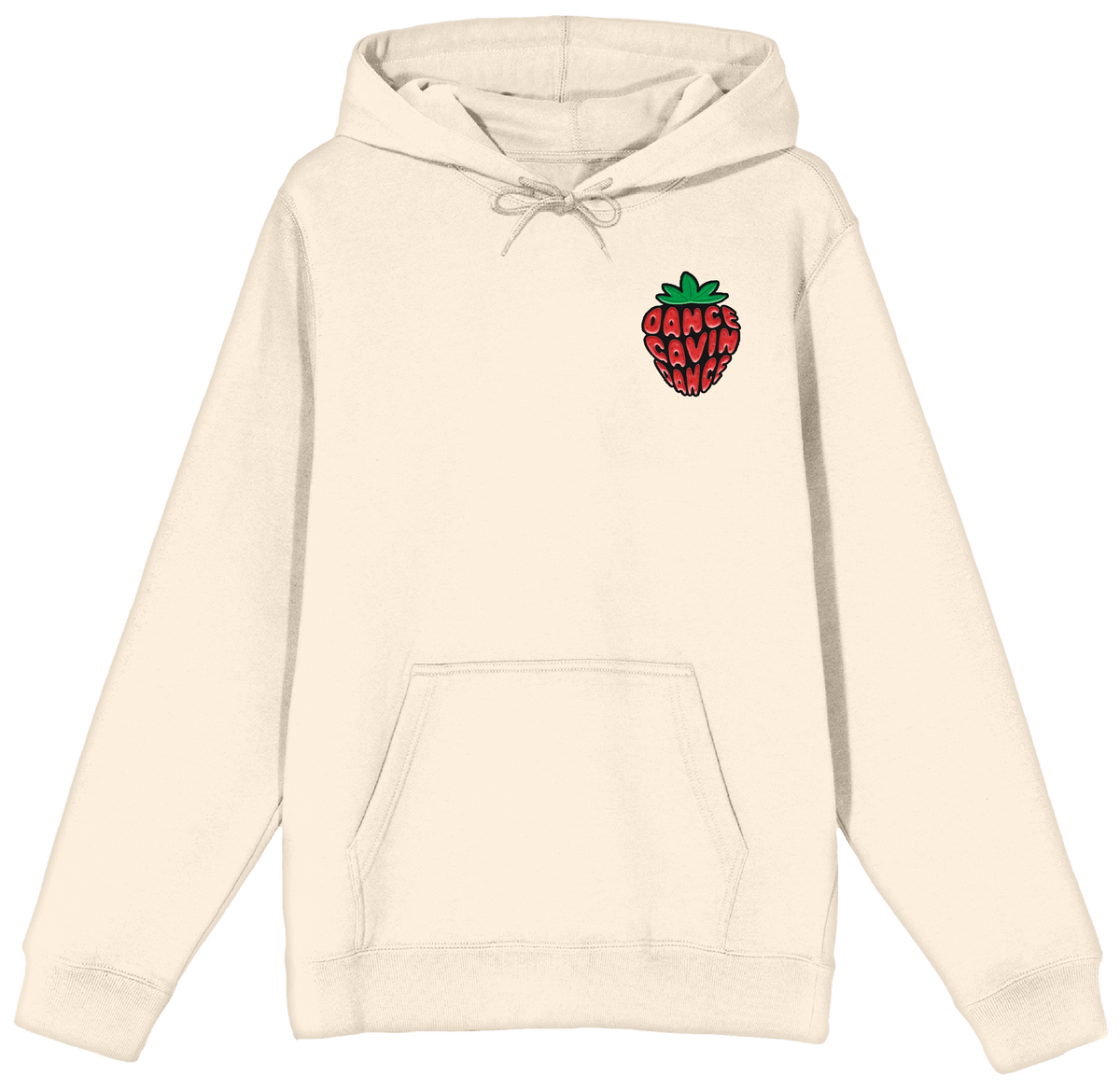 Beige hoodie with a strawberry graphic and text on a white background