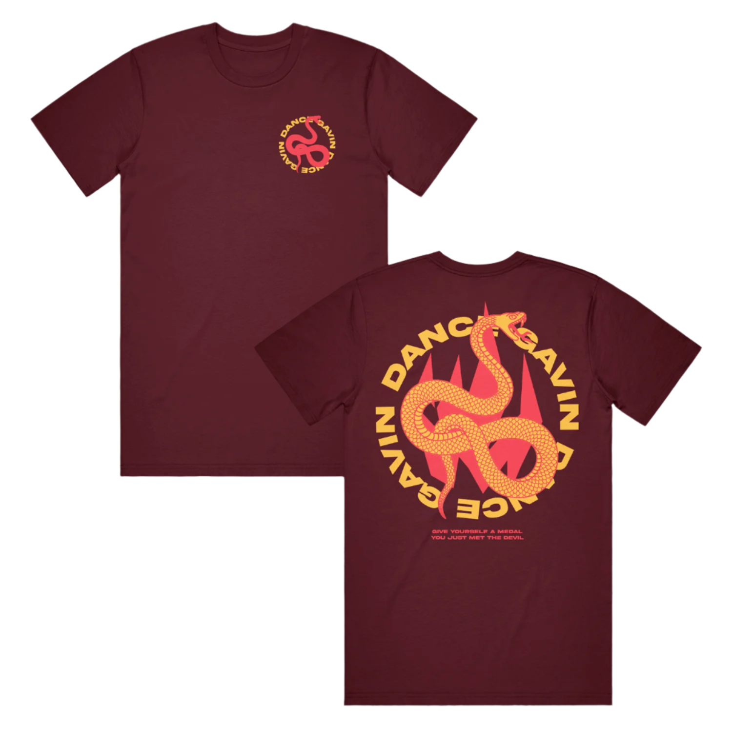 Two burgundy t-shirts with a 'Dance Gavin Dance' text and viper graphic printed on the front and back.