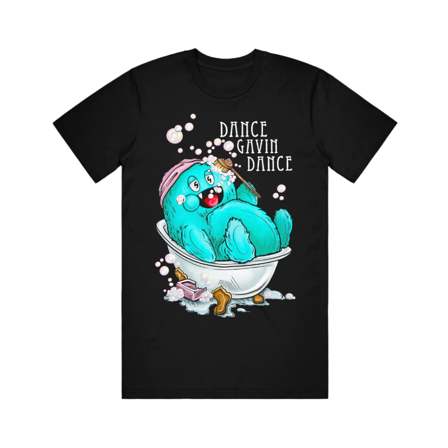 Black t-shirt with a cartoon character in a bathtub and 'Dance Gavin Dance' text