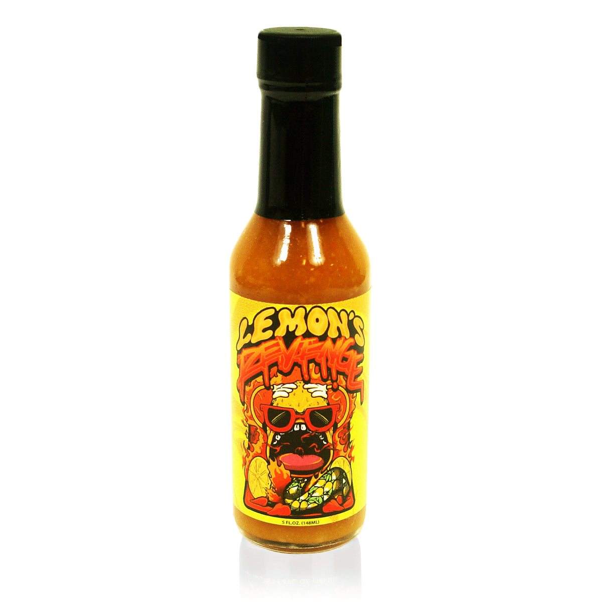 image of a hot sauce bottle on a white background. hot sauce says label says lemon's revenge with a lemon wearing sunglasses surrounded by fire