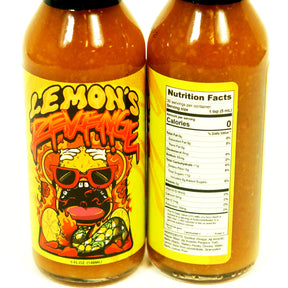 image of a hot sauce bottle on a white background. hot sauce says label says lemon's revenge with a lemon wearing sunglasses surrounded by fire. side view of the label's ingredients