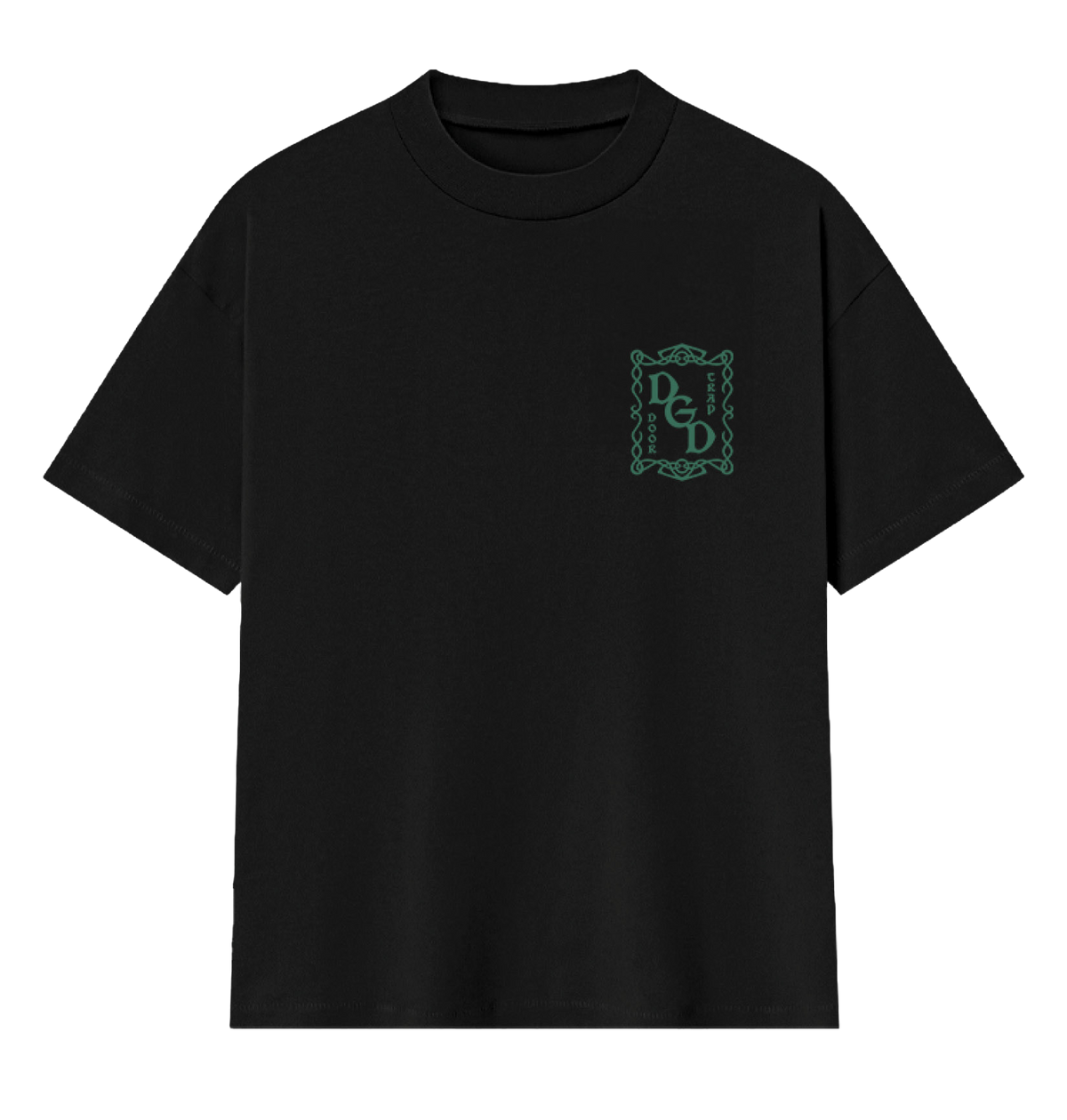 Black t-shirt with a green logo on a white background