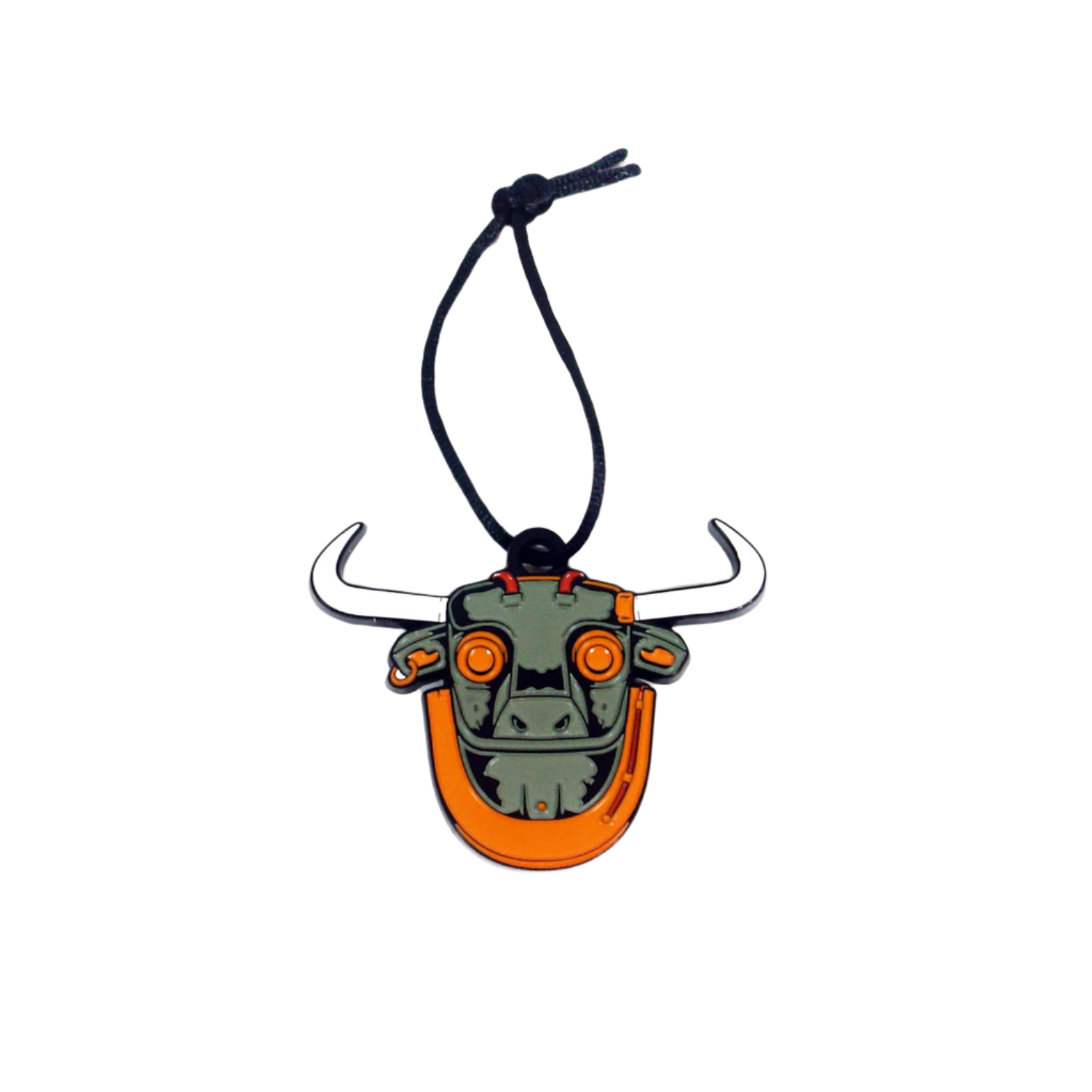 An enamel ornament in the shape of a bull's head with black horns and orange body, with a string for hanging.