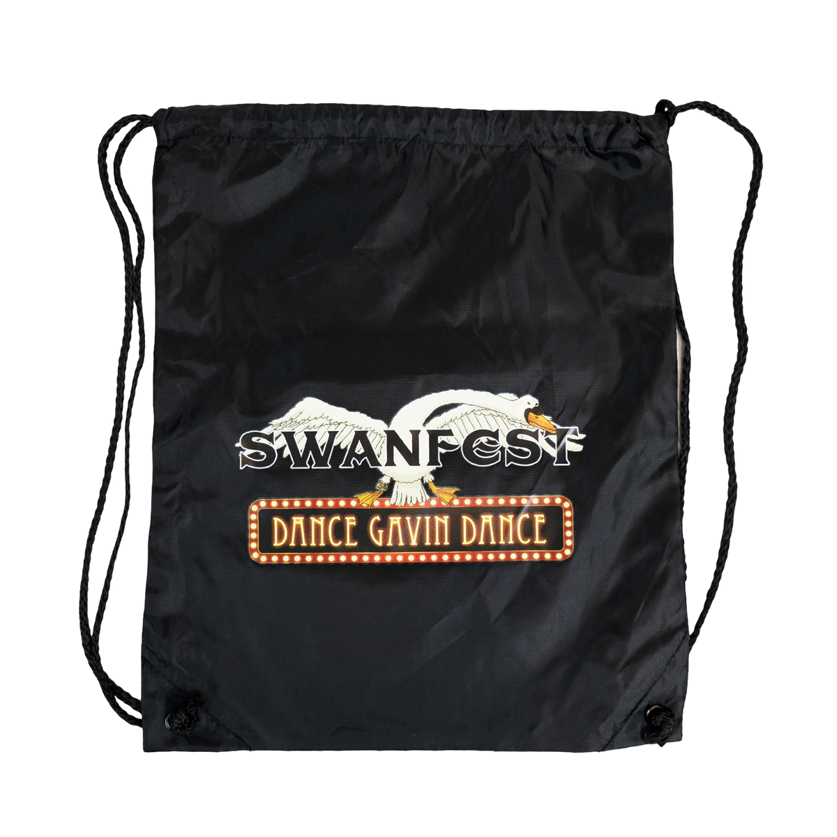 Black drawstring bag with 'Swanfest Dance Gavin Dance' logo