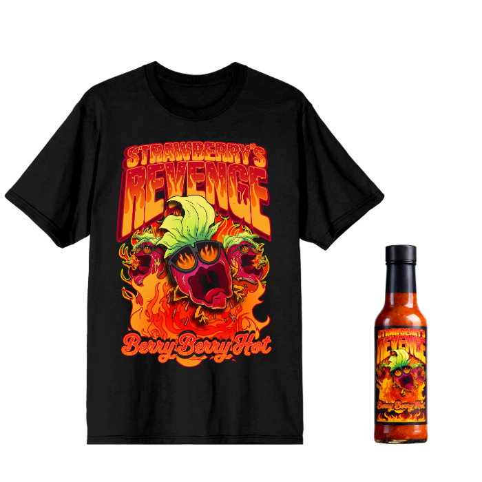 Black t-shirt with colorful graphic design and a bottle of hot sauce on a white background