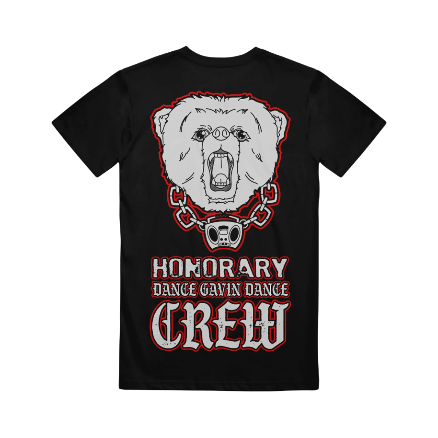 Black t-shirt with a bear graphic and text that says Honorary Dance Gavin Dance Crew