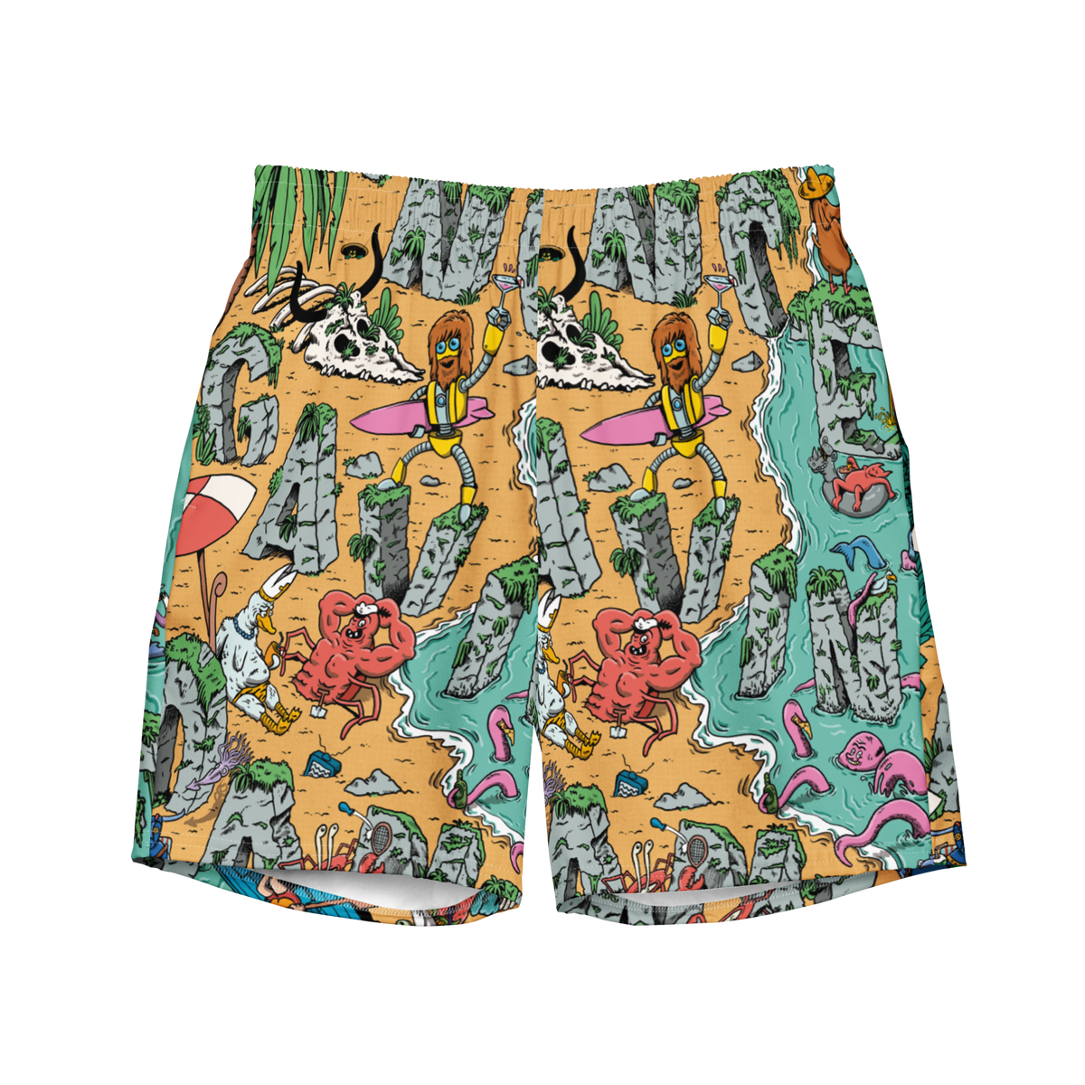 Colorful shorts with cartoon character pattern on a white background