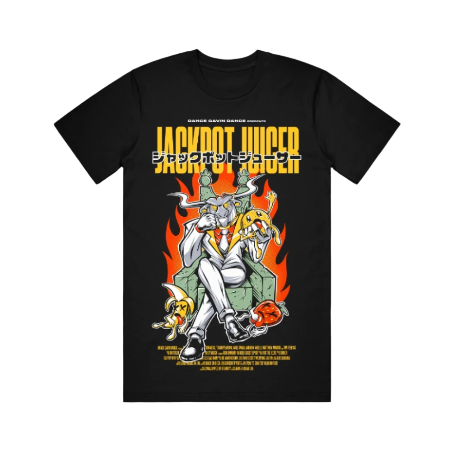 Black T-shirt with a graphic print of an anime character surrounded by flames and text reading 'JACKPOT JUICER'.
