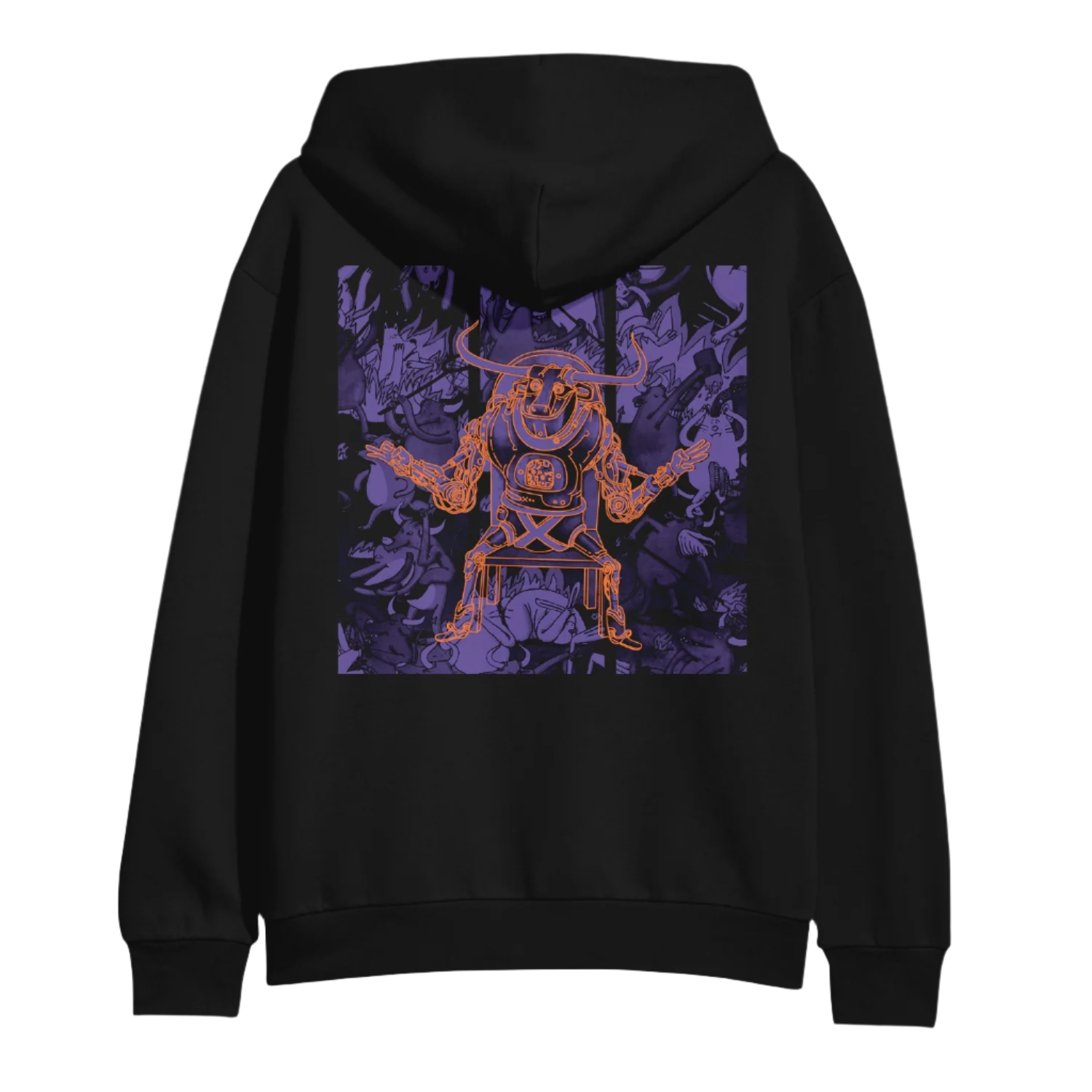 Black hoodie with a purple and orange graphic design on the back