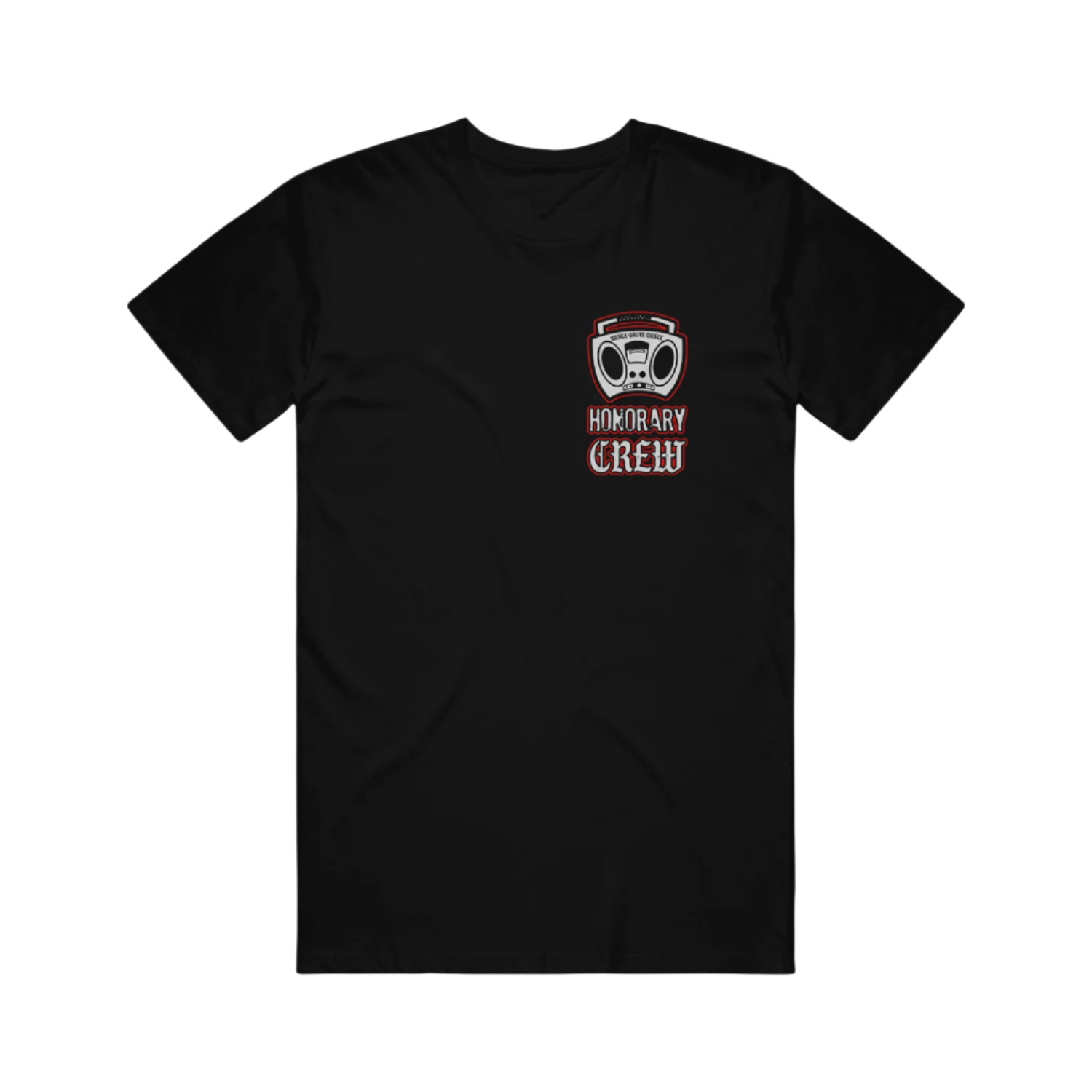 A black crewneck T-shirt with the text 'Dance Gavin Dance Honorary Crew' printed on the front.