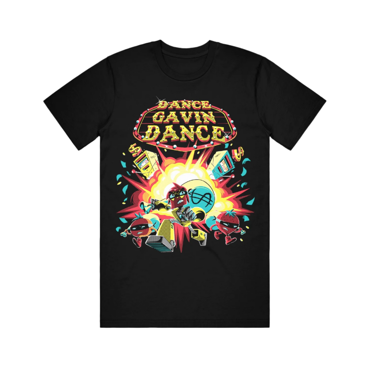 Black T-shirt with 'Dance Gavin Dance' text and colorful graphics on the front.