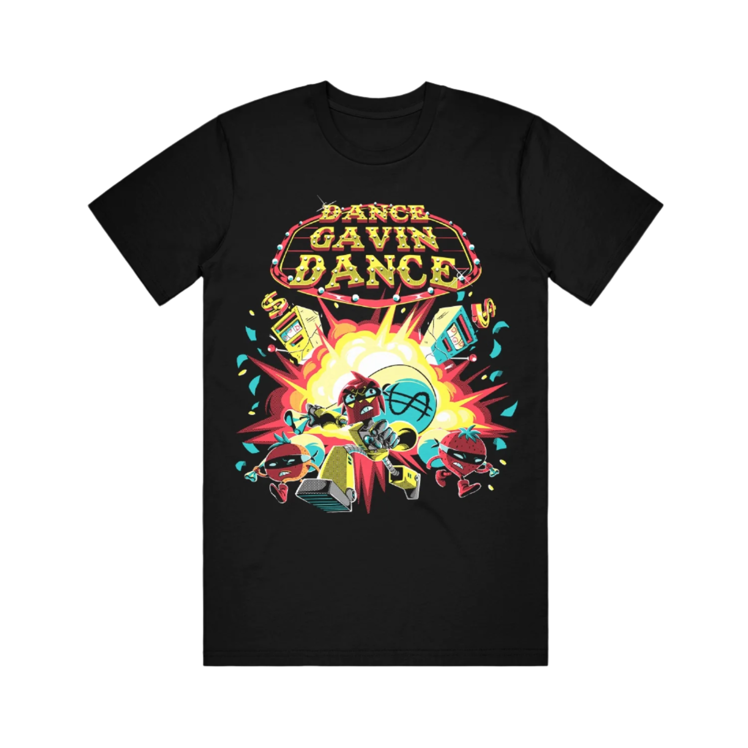Black T-shirt with 'Dance Gavin Dance' text and colorful graphics on the front.