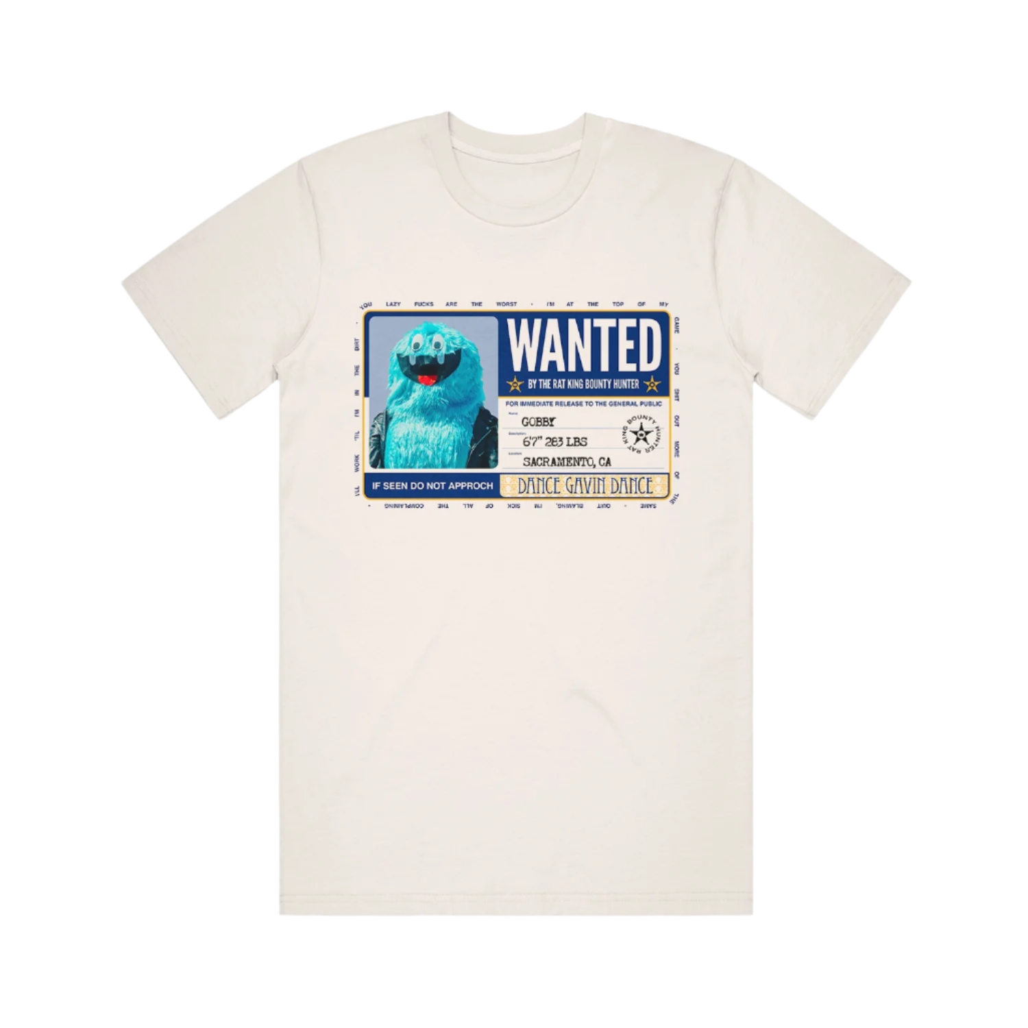 White t-shirt with a character in a 'Wanted' poster design.