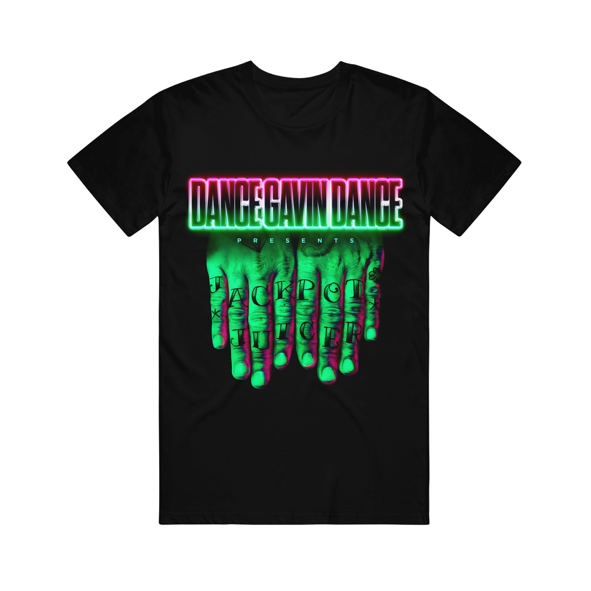 Black T-shirt with 'Dance Gavin Dance' text and a graphic design in green and pink.