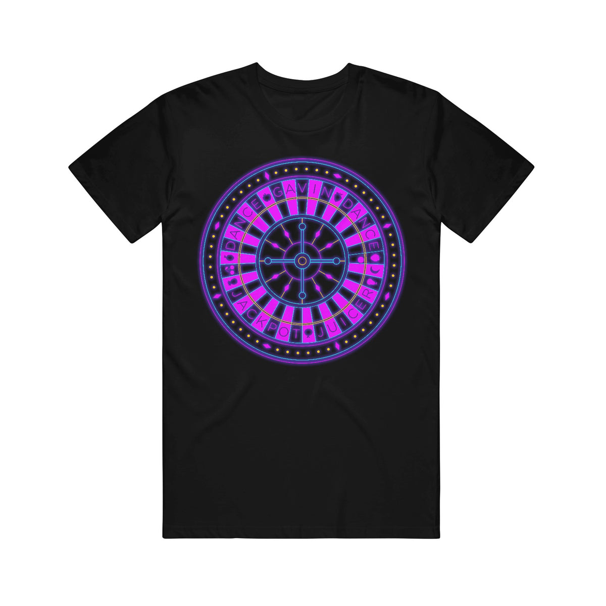 image of a black tee shirt on a white background. tee has full body print of a roulette wheel
