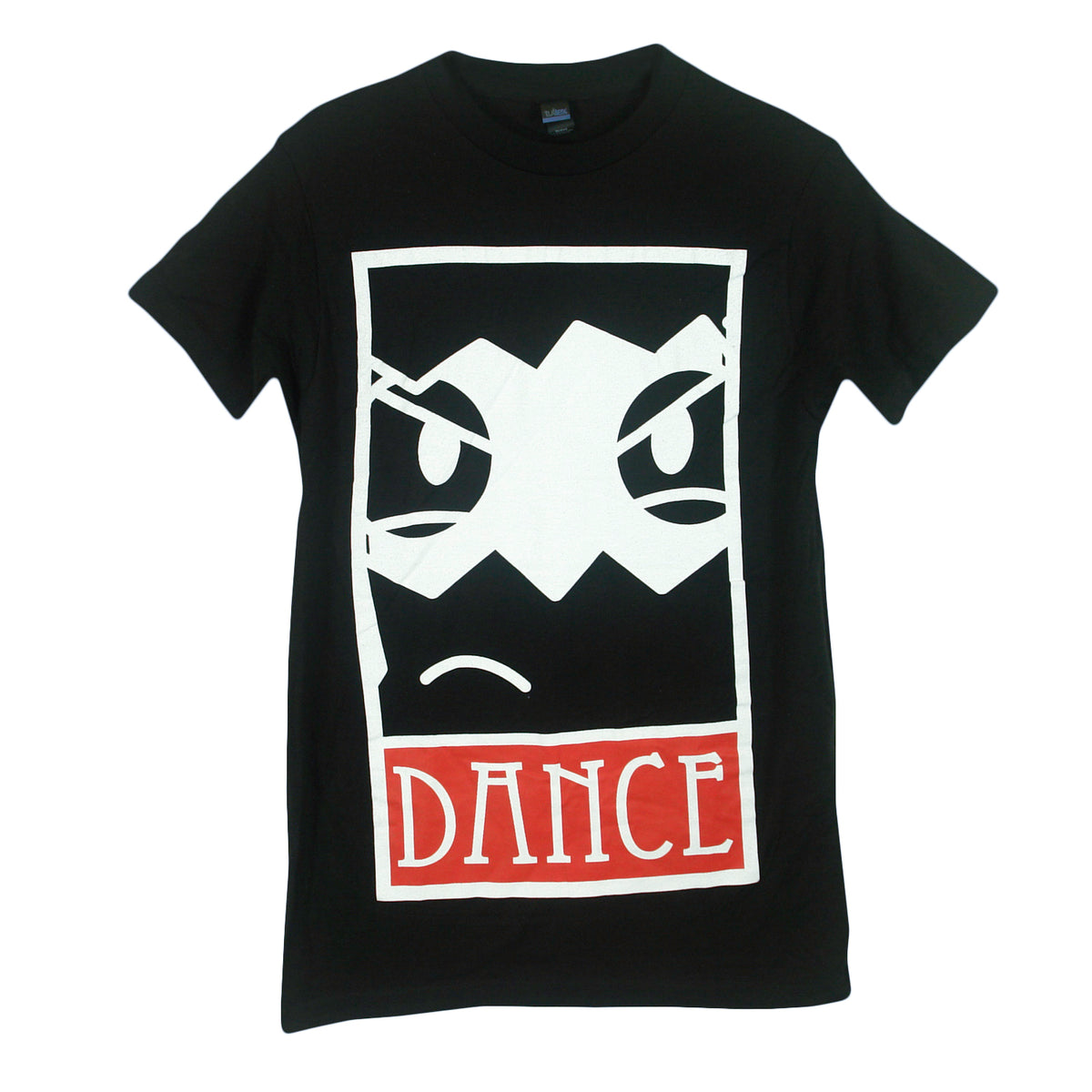 image of a black tee shirt on a white background. tee has full body print of a white rectangle. inside the rectangle is a robot face, at the bottom says dance