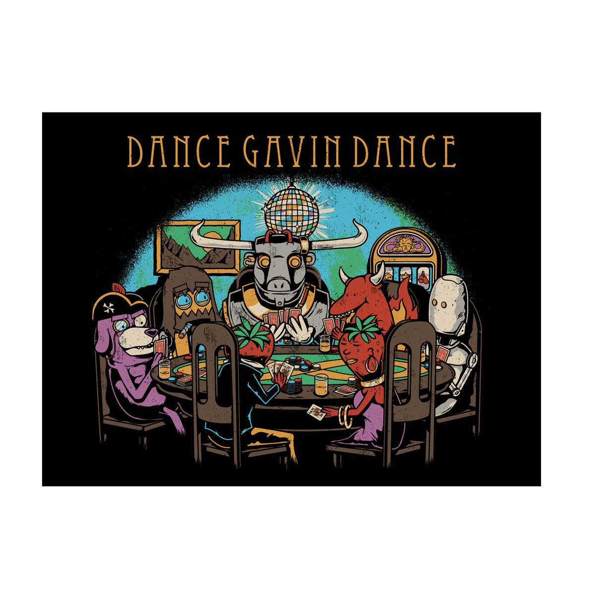 image of a black rectangle poster on a white background. poster is of various dance gavin dance characters sitting at a table playing poker. at the top says dance gavin dance