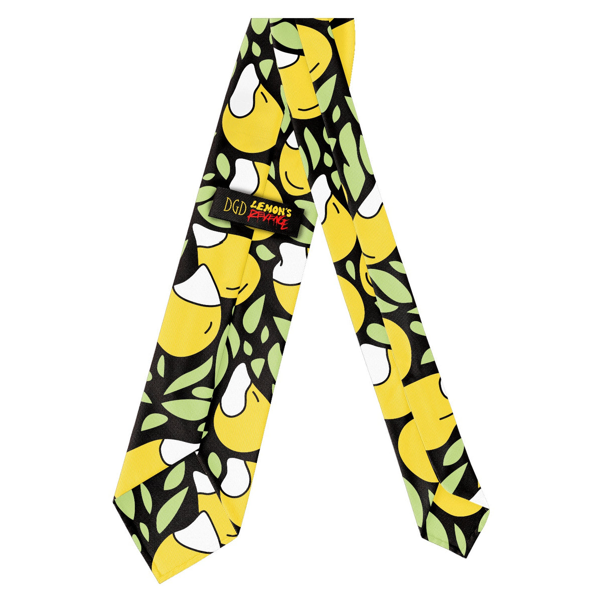 image of a tie on a white background. tie is custom printed and has lemons on it