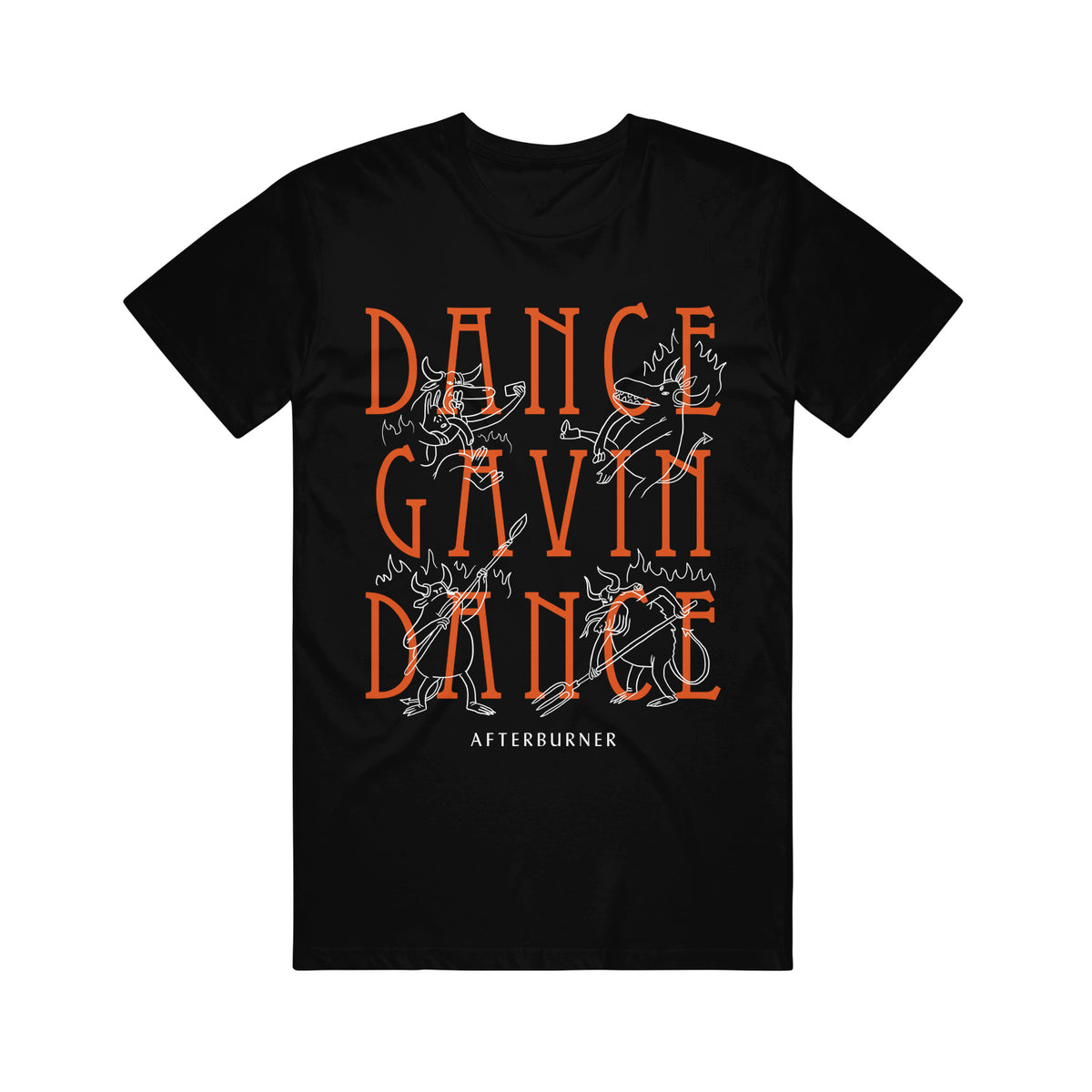 black tee shirt on white background with full chest print that says dance gavin dance in stacked orange print and has four white outlined characters dispersed around and says afterburner on the bottom