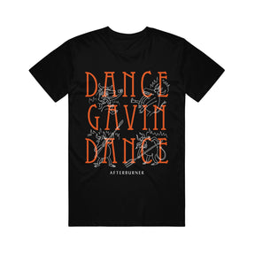 black tee shirt on white background with full chest print that says dance gavin dance in stacked orange print and has four white outlined characters dispersed around and says afterburner on the bottom