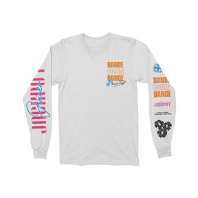 Image of Dance Gavin Dance white long sleeve laid flat on white background. Front left chest reads “Dance Gavin Dance Feeling Lucky” in orange print image in orange and black print. Right sleeve reads “Jackpot Juicer” in pink and blue text. Left sleeve reads “Dance Gavin Dance Jackpot Juicer Open Mon-Sun 7AM-7PM” in orange, blue, pink and black text. Left sleeve has image of dice and poker chips.